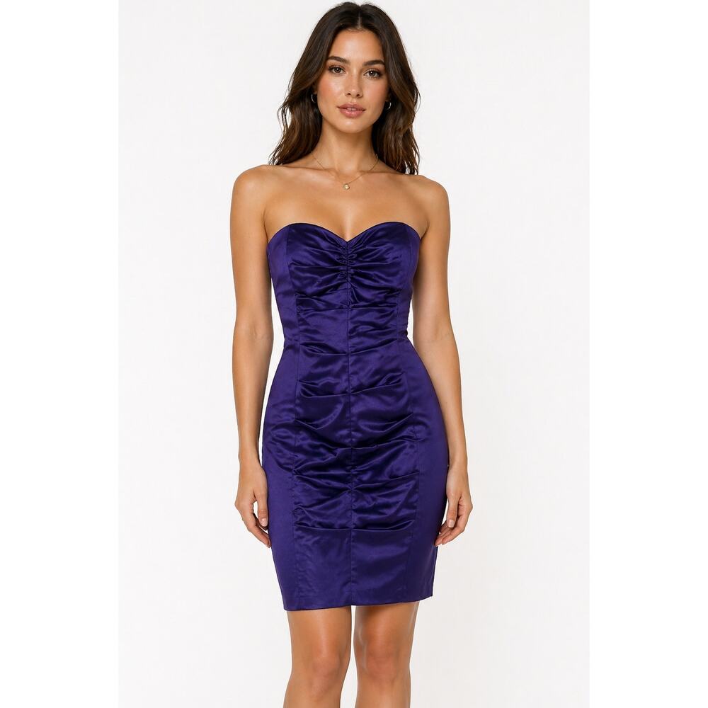 Vintage 1990s Cache Purple Satin Ruched Strapless Mini Dress XS